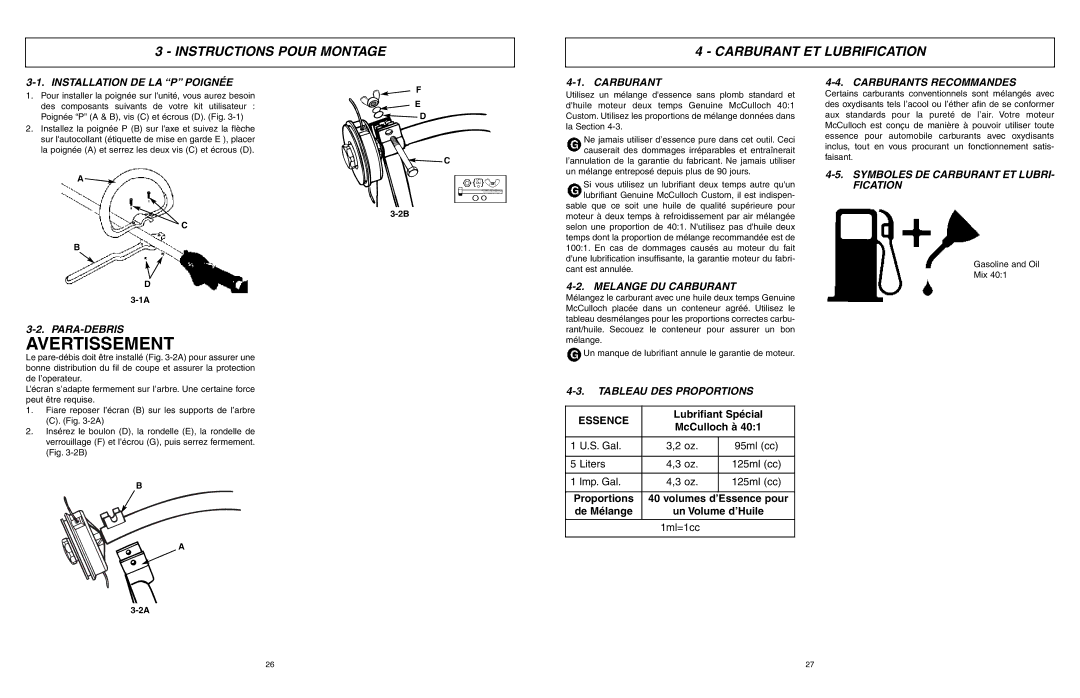 McCulloch 9096336202, 966992201, MCT3362VA manual Instructions Pour Montage Carburant ET Lubrification 