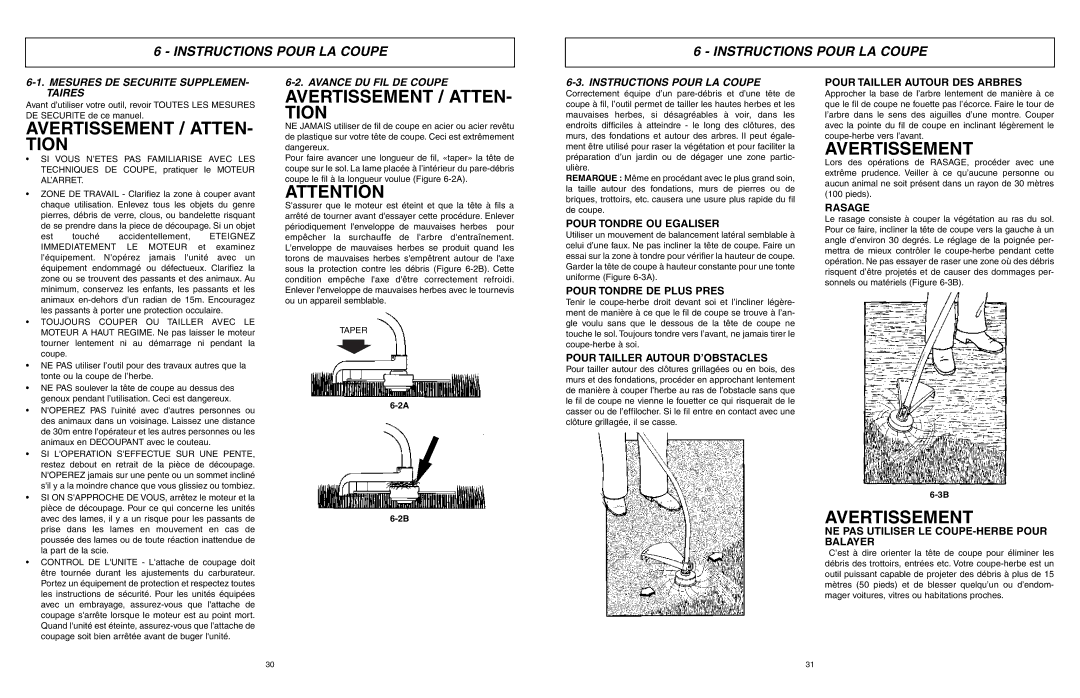 McCulloch MCT3362VA, 966992201 Instructions Pour LA Coupe, Mesures DE Securite SUPPLEMEN- Taires, Avance DU FIL DE Coupe 