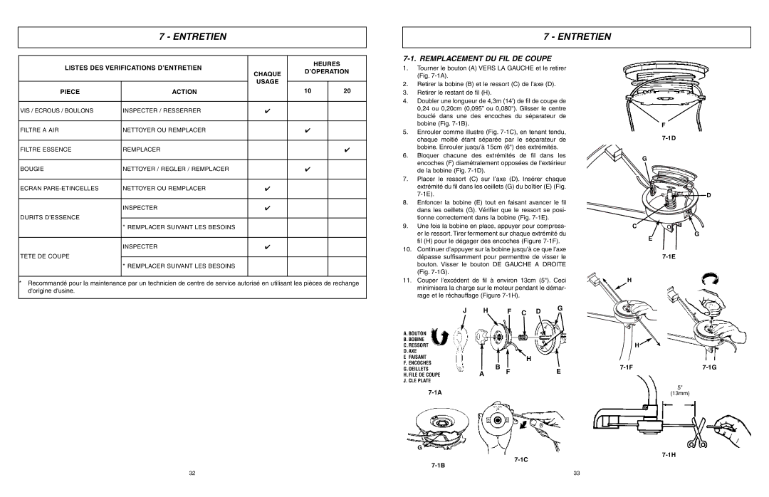 McCulloch 9096336202, 966992201, MCT3362VA manual Entretien, Remplacement DU FIL DE Coupe, Heures, Chaque ’OPERATION Usage 