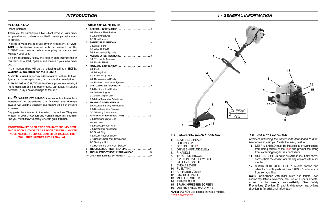 McCulloch 9096336202 manual Introduction General Information, Table of Contents, General Identification, Safety Features 