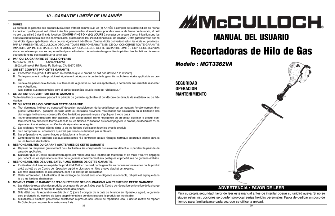 McCulloch 9096336202, 966992201, MCT3362VA manual Garantie Limitée DE UN Année 