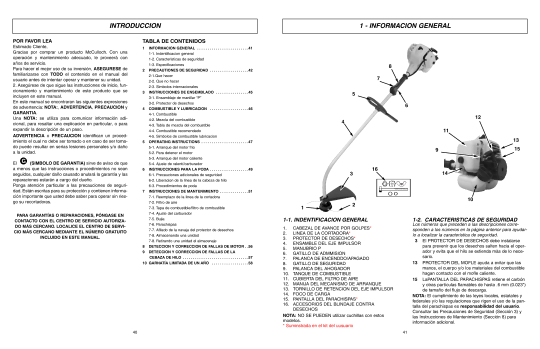 McCulloch 966992201, MCT3362VA Introduccion Informacion General, Tabla DE Contenidos, Indentificacion General, Garantia 