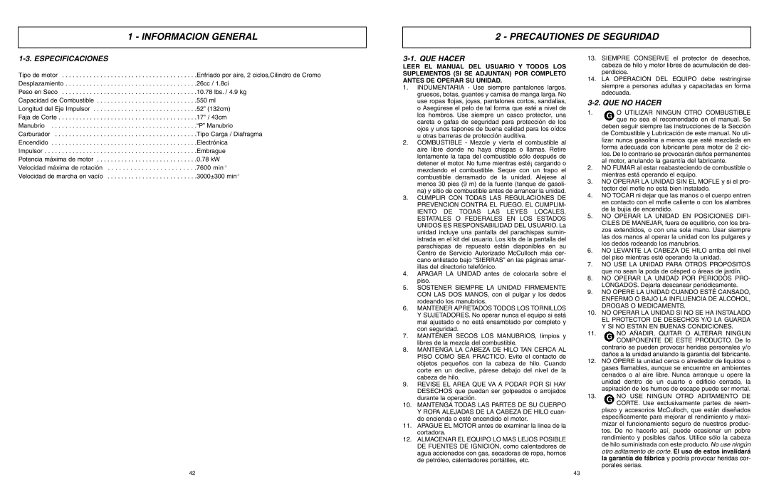 McCulloch MCT3362VA, 966992201, 9096336202 manual Precautiones DE Seguridad, Especificaciones, QUE Hacer, QUE no Hacer 
