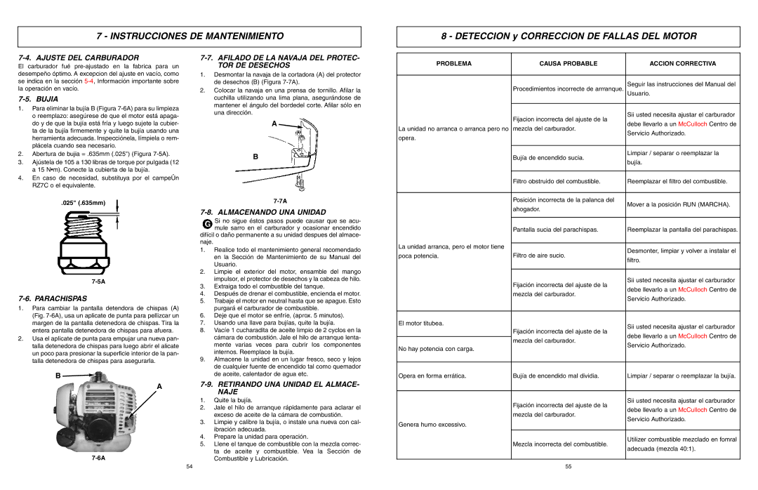 McCulloch MCT3362VA, 966992201 manual Ajuste DEL Carburador, Afilado DE LA Navaja DEL PROTEC- TOR DE Desechos, Parachispas 