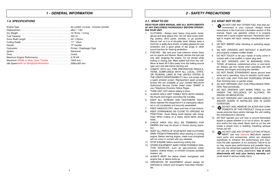 McCulloch 966992201, MCT3362VA, 9096336202 manual Safety Precautions, Specifications, What to do, What not to do 