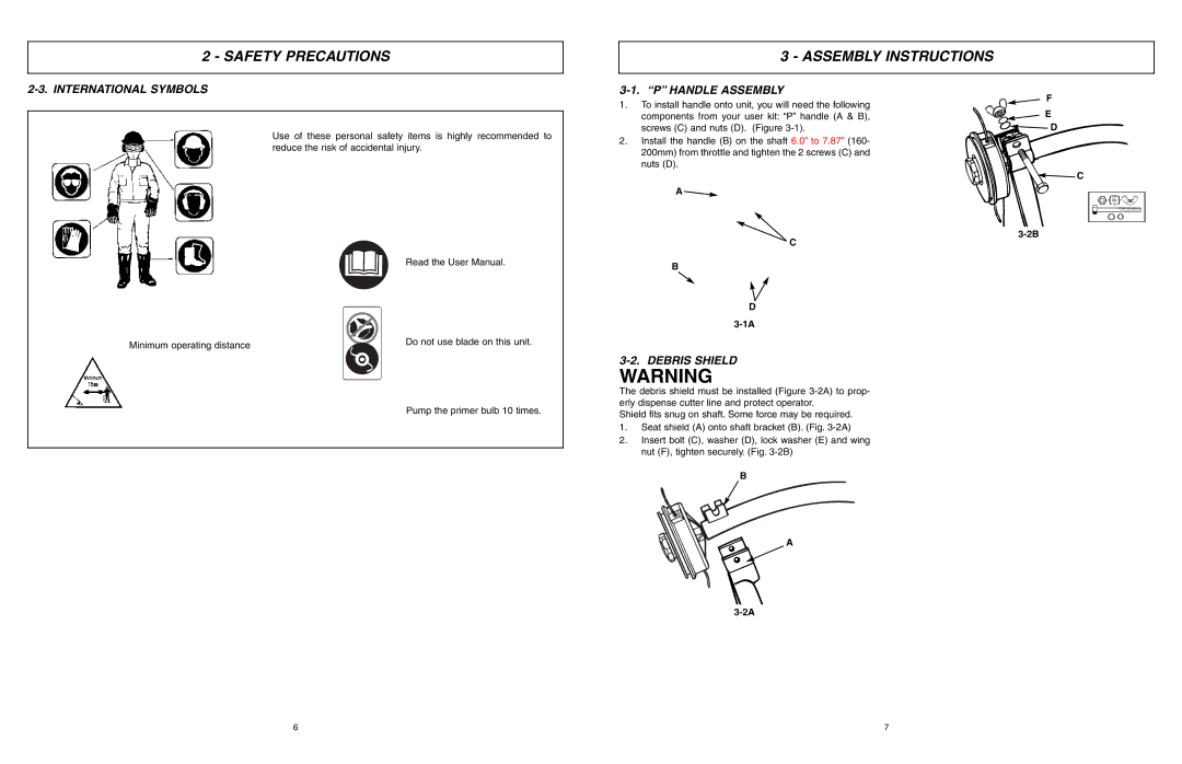 McCulloch MCT3362VA manual Safety Precautions Assembly Instructions, International Symbols, Handle Assembly, Debris Shield 