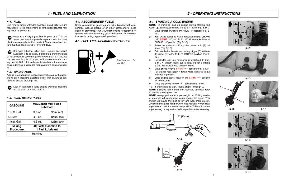 McCulloch 9096336202, 966992201, MCT3362VA manual Fuel and Lubrication Operating Instructions 