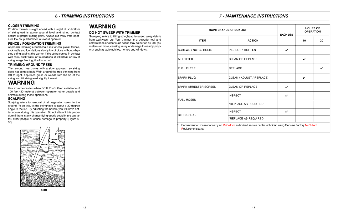 McCulloch MCT3362VA, 966992201, 9096336202 manual Trimming Instructions Maintenance Instructions 