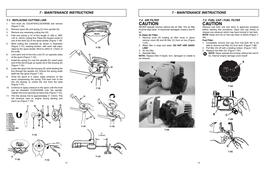 McCulloch 9096336202, 966992201, MCT3362VA manual Replacing Cutting Line, AIR Filter, Fuel CAP / Fuel Filter 