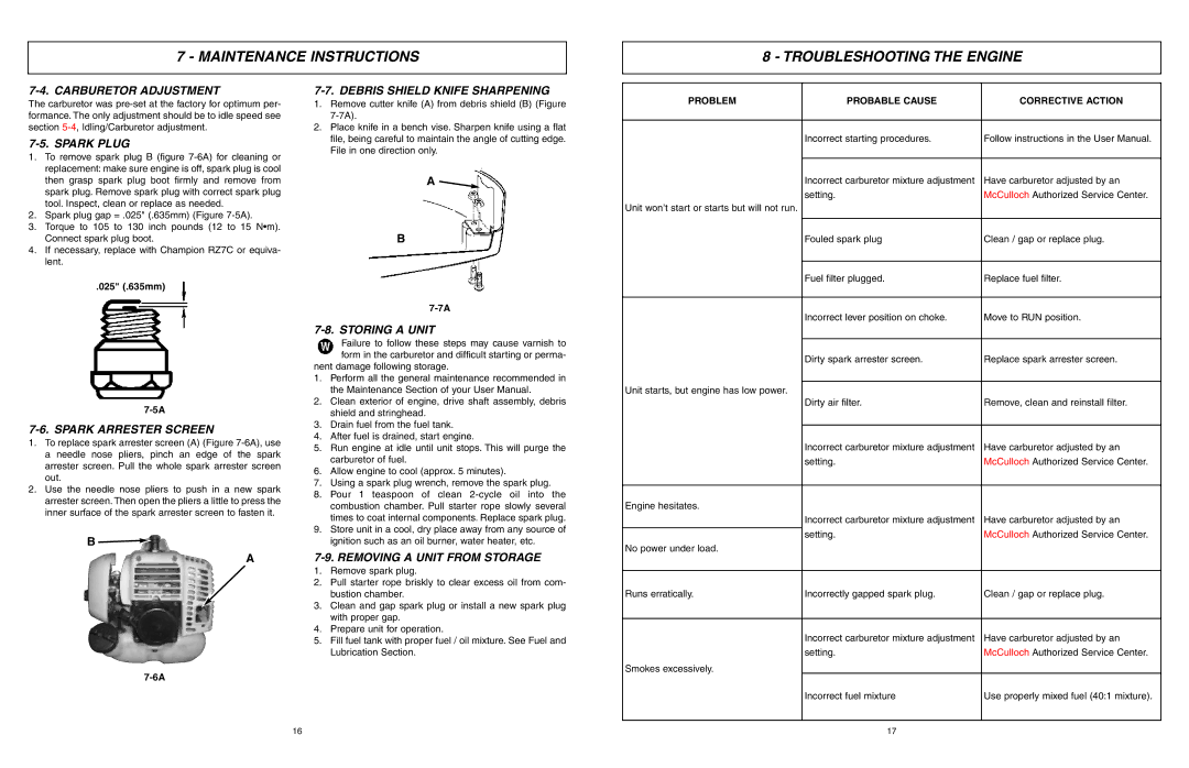 McCulloch 966992201, MCT3362VA, 9096336202 manual Maintenance Instructions Troubleshooting the Engine 