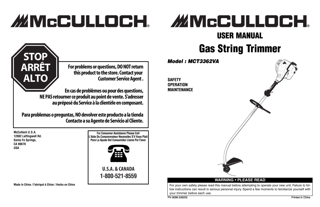 McCulloch manual User Manual, Model MCT3362VA, Safety Operation Maintenance, Warning Please Read, Stop, U.S.A. & Canada 