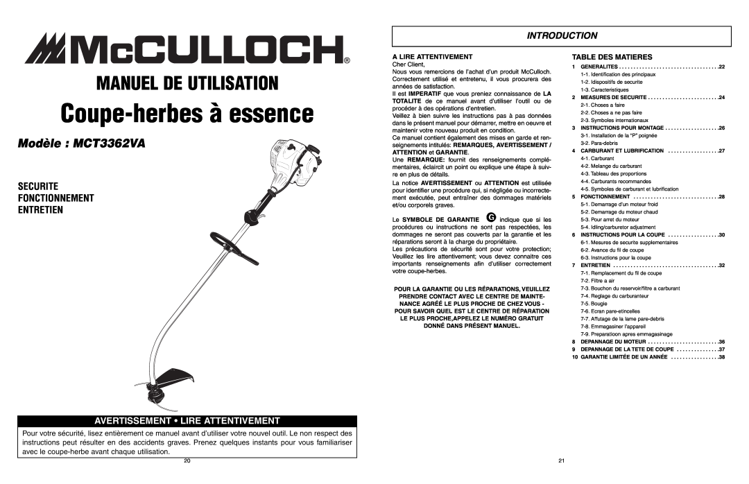 McCulloch 9096336202 manual Manuel De Utilisation, Modèle MCT3362VA, Securite Fonctionnement Entretien, Table Des Matieres 