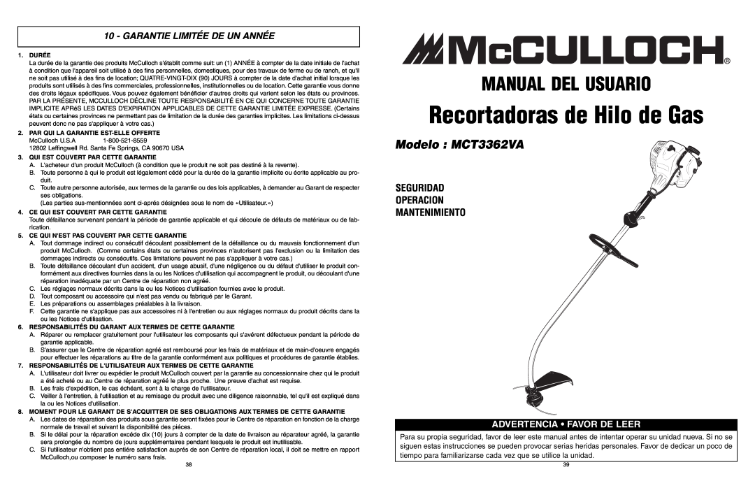 McCulloch 9096336202 Manual Del Usuario, Modelo MCT3362VA, Seguridad Operacion Mantenimiento, Garantie Limitée De Un Année 