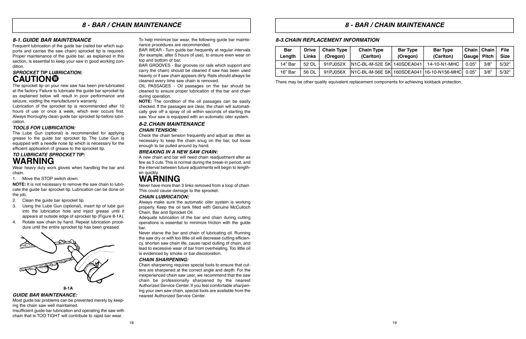 McCulloch 966993701, 9096311037 user manual BAR / Chain Maintenance, Guide BAR Maintenance, Chain Replacement Information 