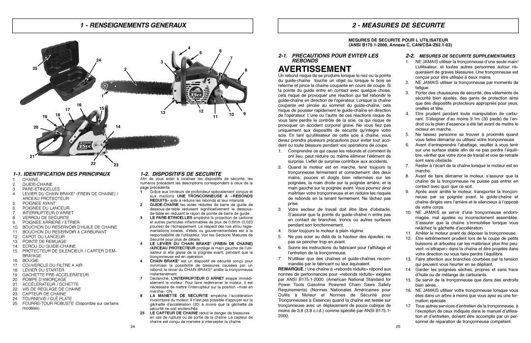 McCulloch 9096311037, 966993701 Avertissement, Renseignements Generaux Measures DE Securite, Identification DES Principaux 