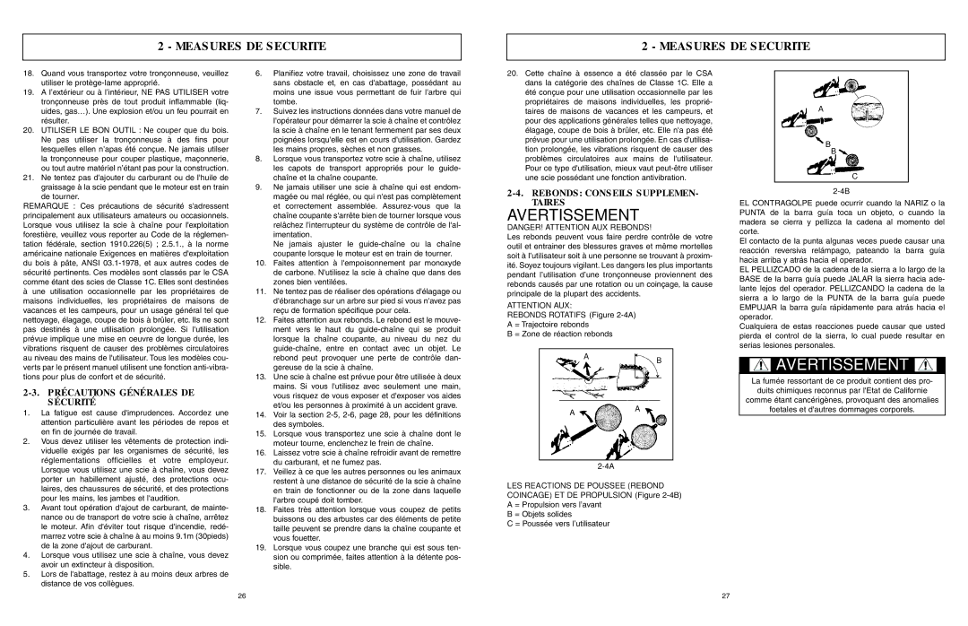 McCulloch 966993701, 9096311037 user manual Précautions Générales DE Sécurité, Rebonds Conseils Supplemen Taires 