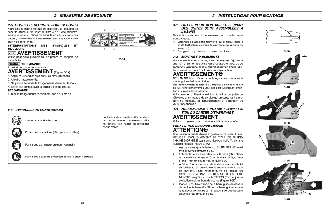 McCulloch 9096311037 Vert Avertissement, Measures DE Securite Instructions Pour Montage, Symboles Internationaux 