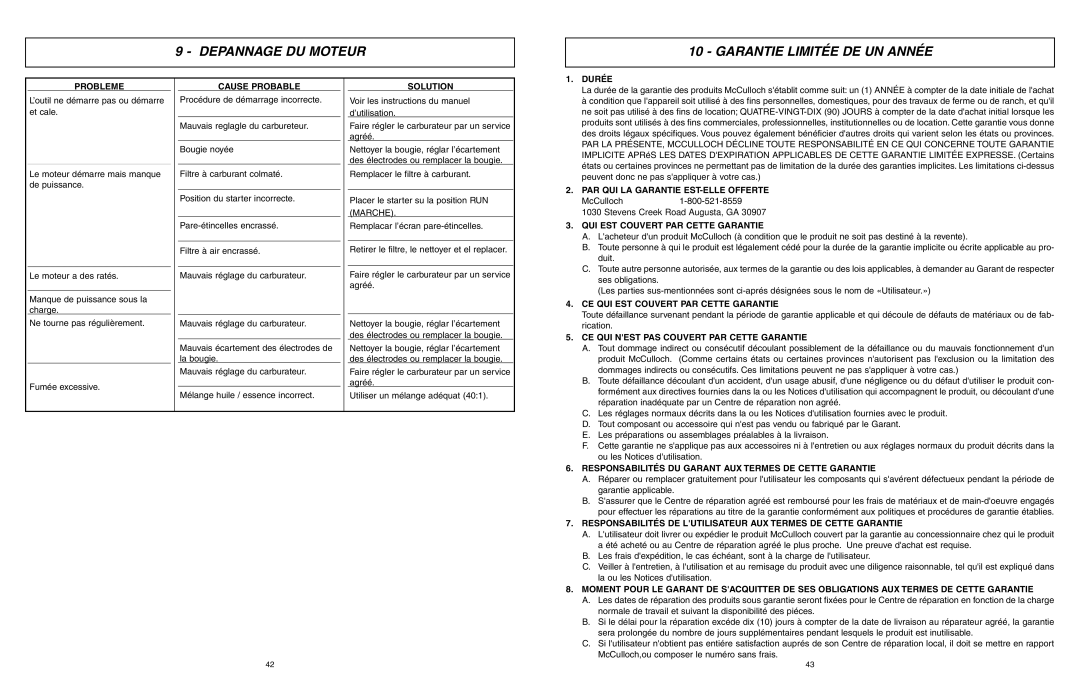 McCulloch 966993701, 9096311037 user manual Depannage DU Moteur Garantie Limitée DE UN Année 