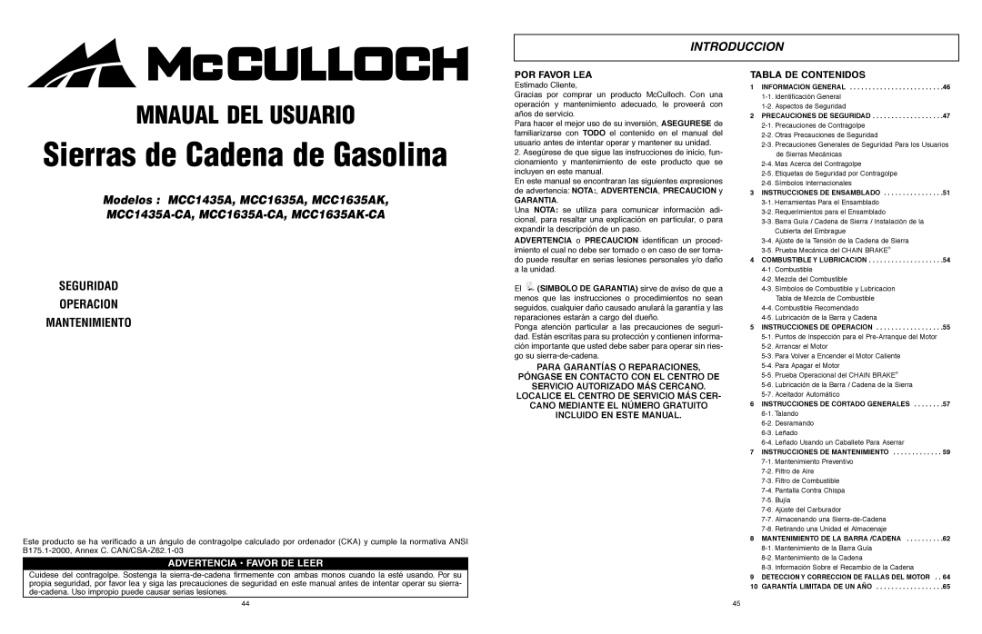 McCulloch 9096311037, 966993701 user manual Introduccion, POR Favor LEA, Tabla DE Contenidos, Garantia 