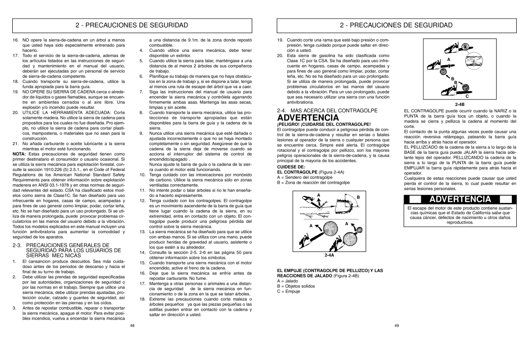 McCulloch 9096311037, 966993701 user manual MAS Acerca DEL Contragolpe, ¡PELIGRO! ¡CUIDARSE DEL Contragolpe, Cuidese DE 