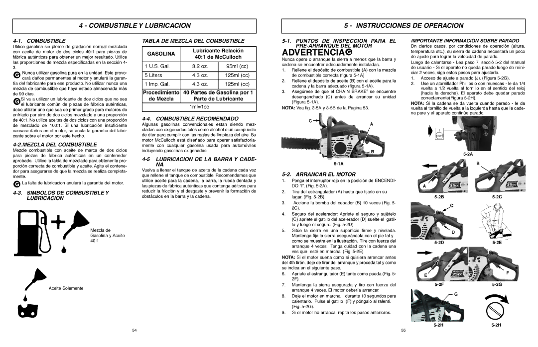 McCulloch 966993701, 9096311037 user manual Combustible Y Lubricacion Instrucciones DE Operacion 