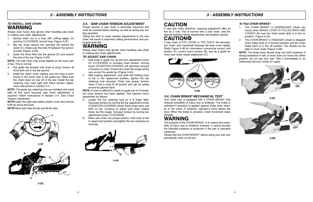 McCulloch 9096311037 SAW Chain Tension Adjustment, Chain Brake Mechanical Test, To Install SAW Chain, To Adjust SAW Chain 