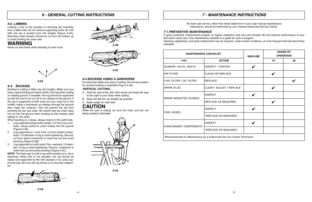 McCulloch 966993701 General Cutting Instructions Maintenance Instructions, Limbing, Bucking Using a Sawhorse 