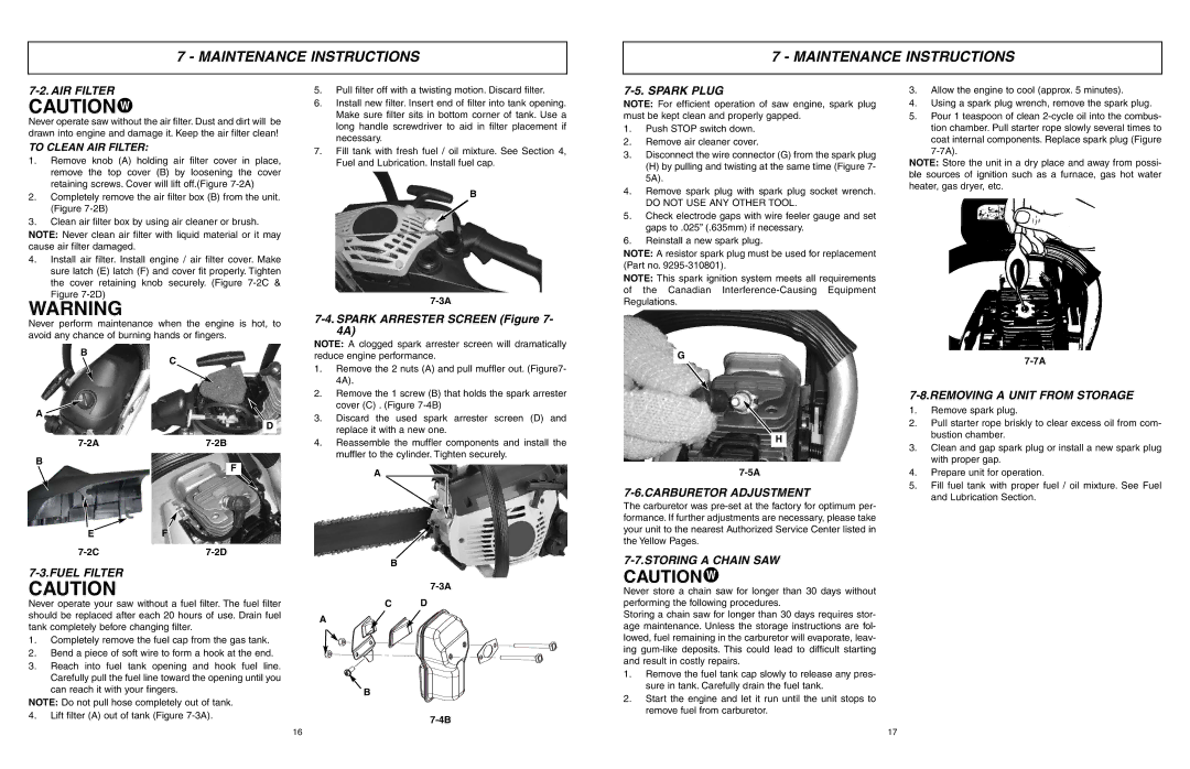 McCulloch 9096311037, 966993701 user manual AIR Filter, Spark Plug, Fuel Filter, Carburetor Adjustment, Storing a Chain SAW 