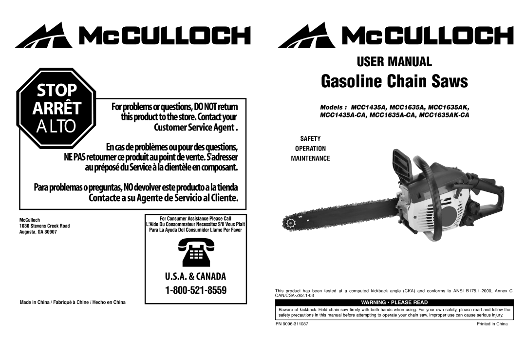 McCulloch 9096311037, 966993701 user manual Gasoline Chain Saws, User Manual, Models MCC1435A, MCC1635A, MCC1635AK, Alto 