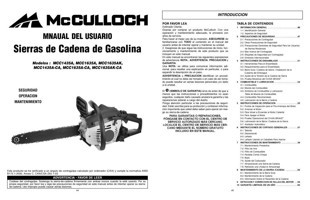McCulloch 9096311037 Sierras de Cadena de Gasolina, Mnaual Del Usuario, Introduccion, Seguridad Operacion Mantenimiento 