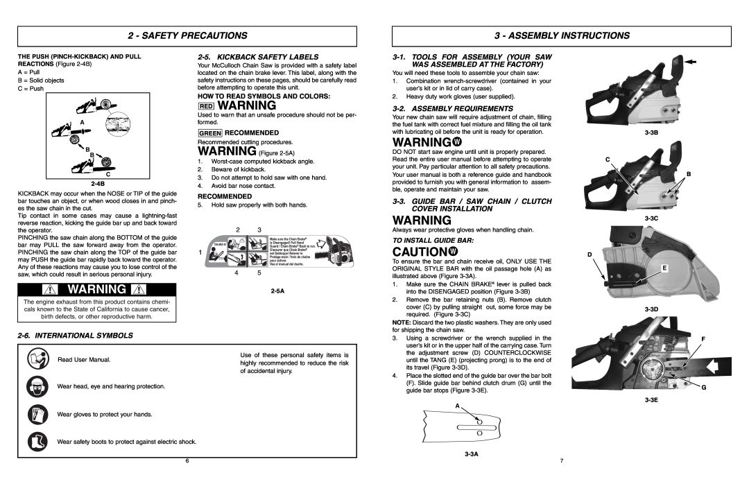 McCulloch 966993701 Red Warning, Cautiond, Assembly Instructions, Kickback Safety Labels, Tools For Assembly Your Saw 