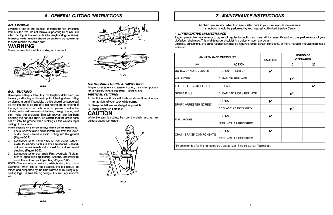 McCulloch 966993701 Maintenance Instructions, Limbing, Bucking Using A Sawhorse, Preventive Maintenance, A 6-2A, 6-3A 