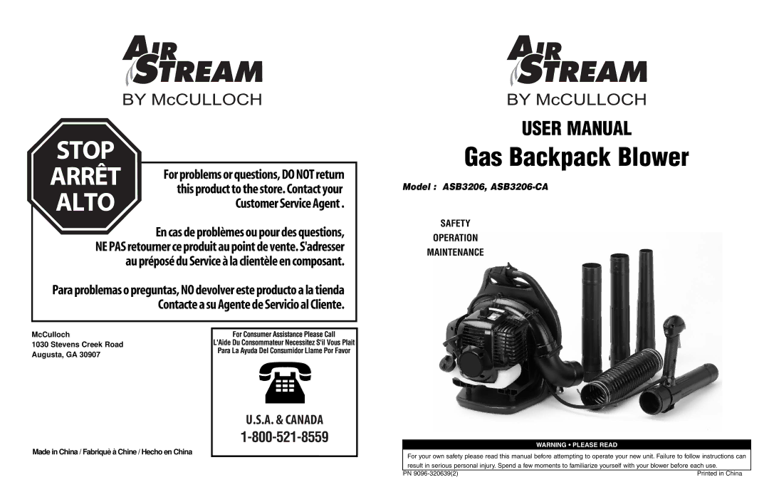 McCulloch ASB3206-CA user manual Stop 