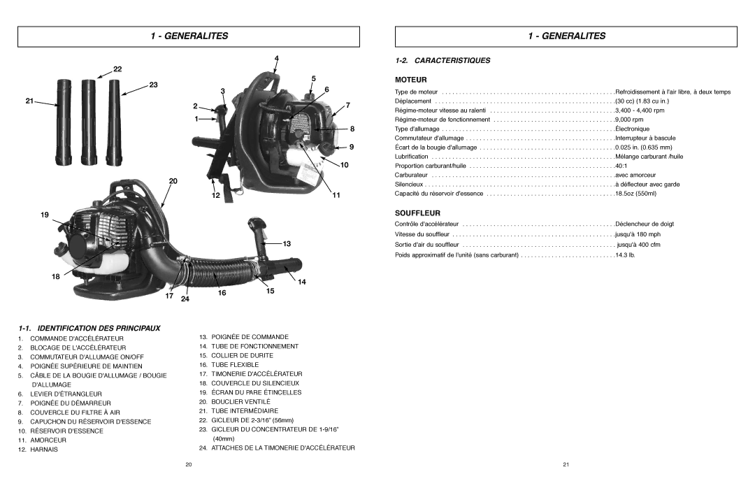 McCulloch ASB3206-CA user manual Generalites, Caracteristiques, Moteur, Souffleur, Identification DES Principaux 