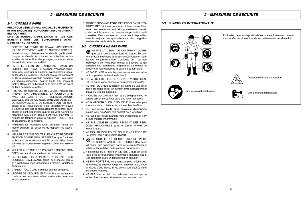 McCulloch ASB3206-CA user manual Measures DE Securite, Choses a Faire, Choses a NE PAS Faire, Symboles Internationaux 