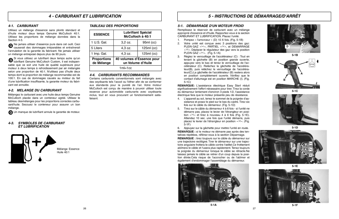 McCulloch ASB3206-CA user manual Carburant ET Lubrification Instructions DE DÉMARRAGE/DARRÊT 