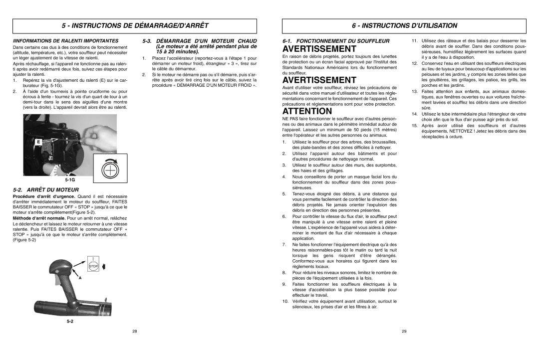 McCulloch ASB3206-CA user manual Instructions DE DÉMARRAGE/DARRÊT Instructions D’UTILISATION, Arrêt DU Moteur 