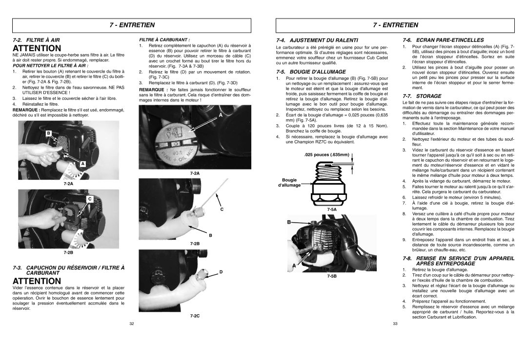 McCulloch ASB3206-CA Filtre À AIR, Capuchon DU Réservoir / Filtre À Carburant, Ajustement DU Ralenti, Bougie Dallumage 