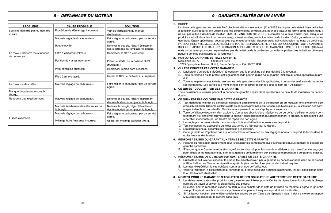 McCulloch ASB3206-CA user manual Depannage DU Moteur Garantie Limitée DE UN Année, Probleme 