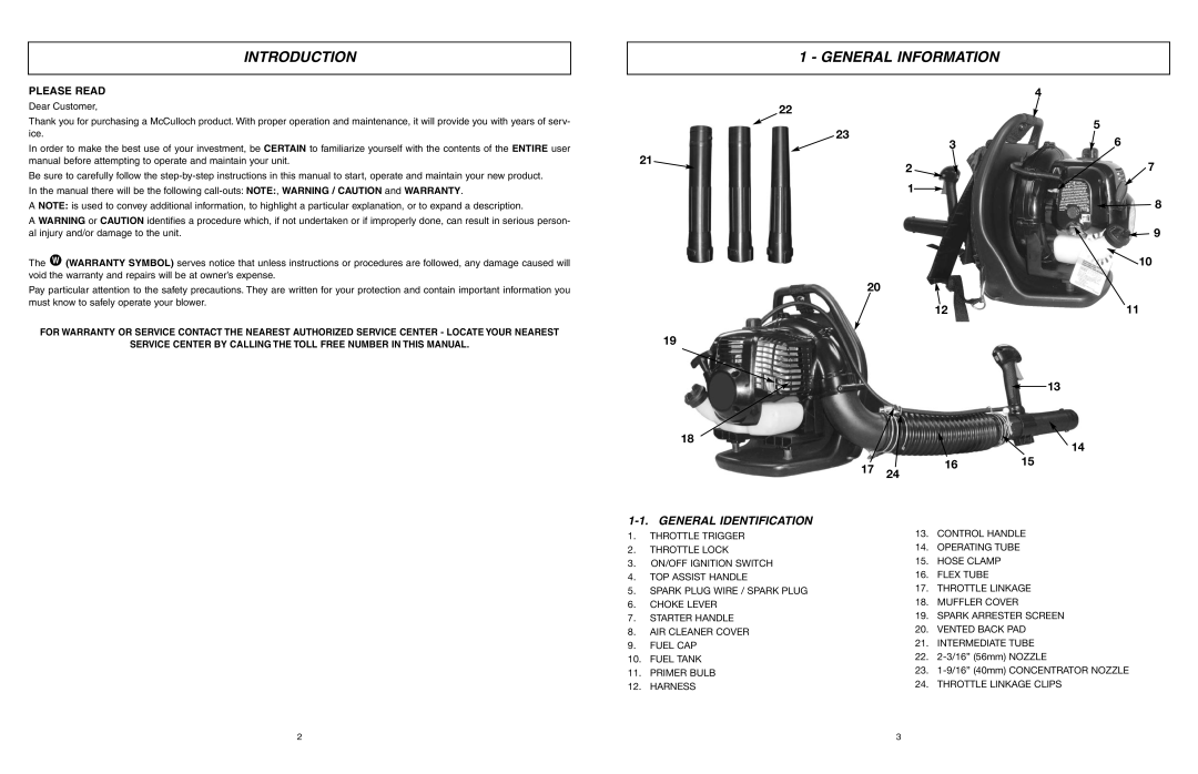 McCulloch ASB3206-CA user manual Introduction General Information, General Identification 