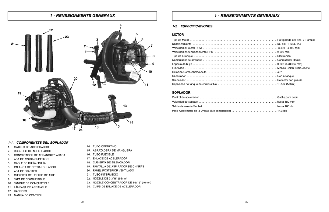 McCulloch ASB3206-CA user manual Renseignments Generaux, Especificaciones, Motor, Componentes DEL Soplador 