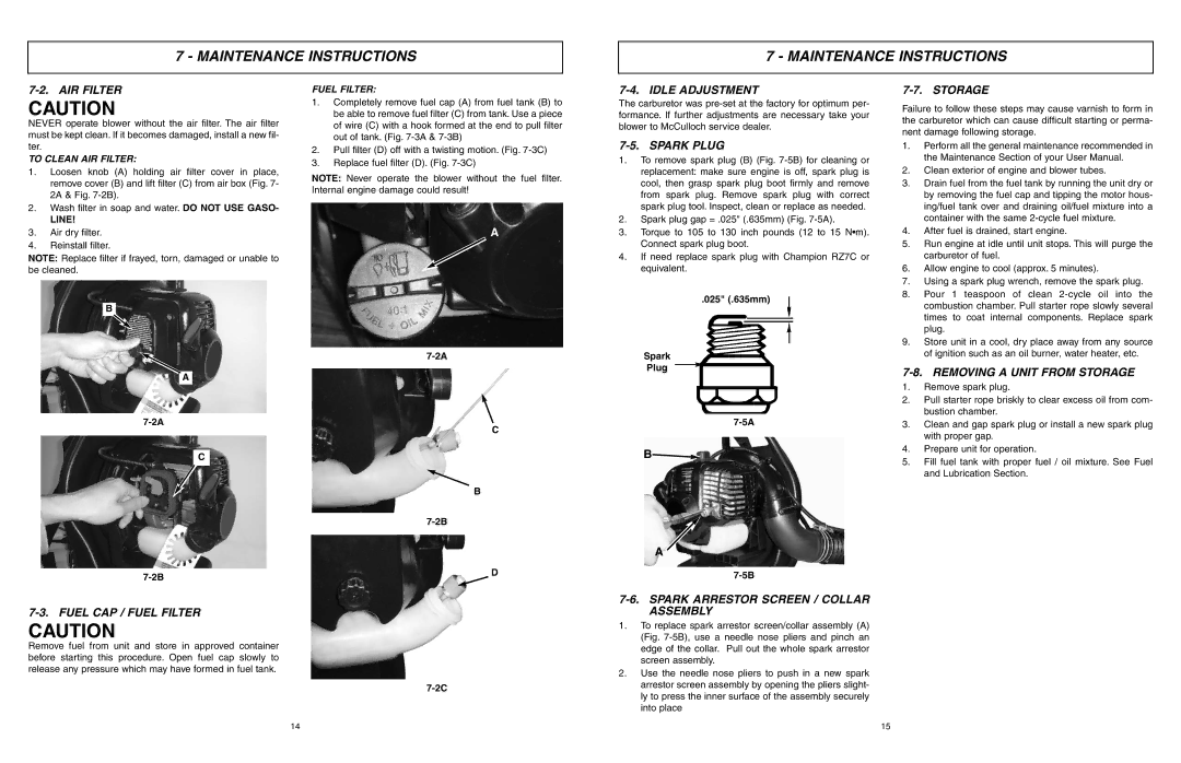 McCulloch ASB3206 AIR Filter, Fuel CAP / Fuel Filter, Idle Adjustment, Spark Plug, Spark Arrestor Screen / Collar Assembly 