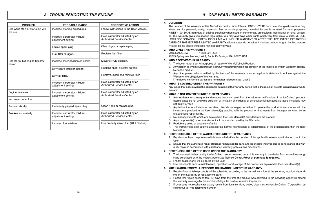 McCulloch ASB3206-CA user manual Troubleshooting the Engine ONE Year Limited Warrnaty, Problem 