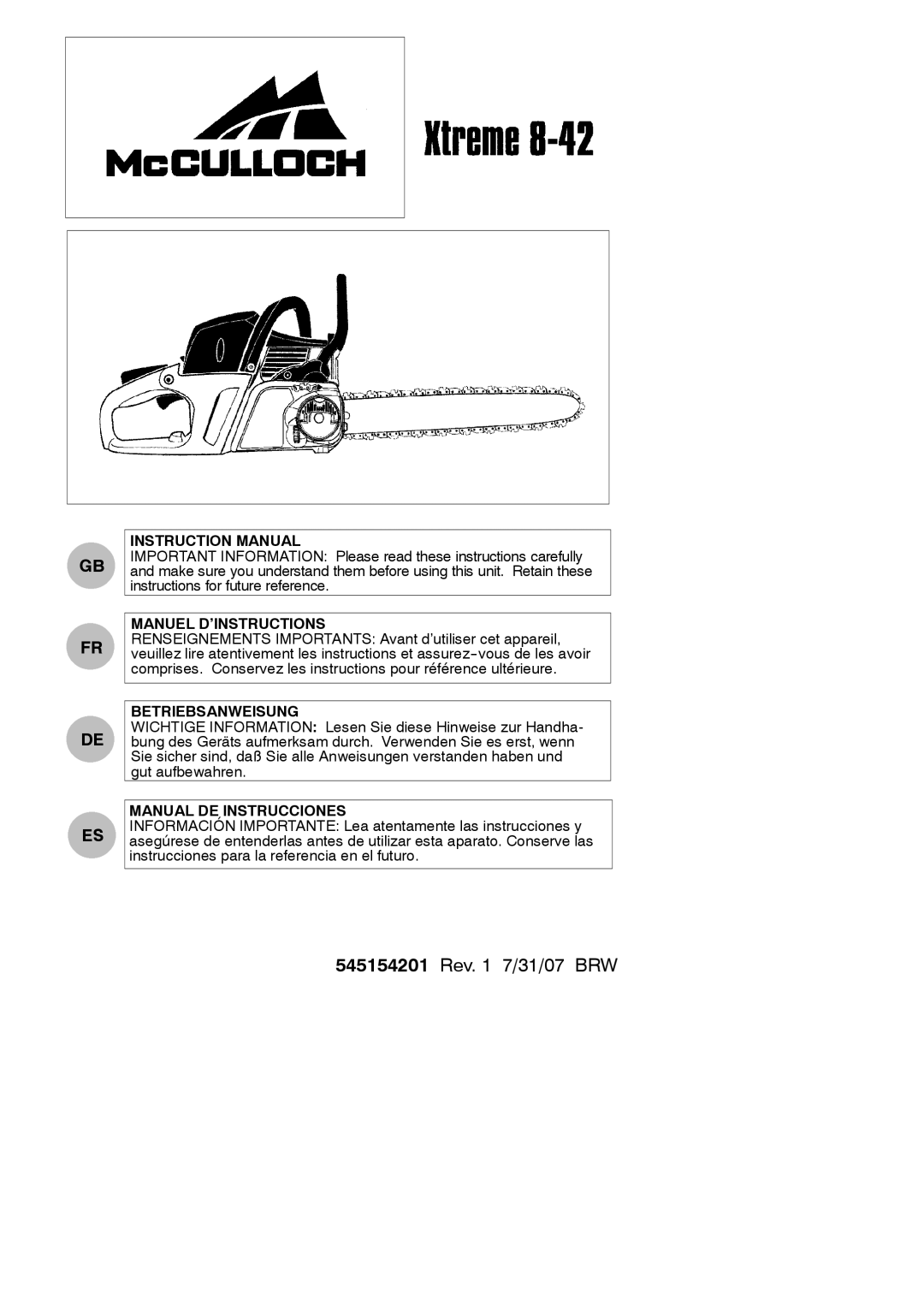 McCulloch Aug-42 instruction manual Manuel D’INSTRUCTIONS, Betriebsanweisung, Manual DE Instrucciones 