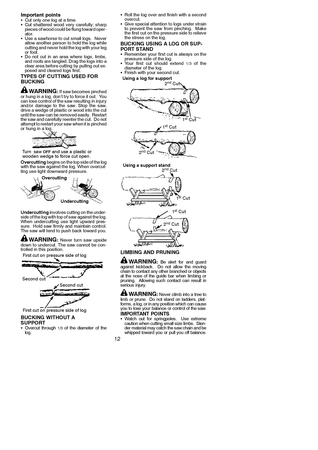 McCulloch Aug-42 instruction manual Important points, Types of Cutting Used for Bucking, Bucking Without a Support 