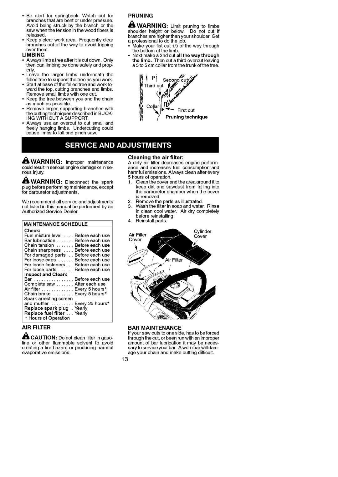 McCulloch Aug-42 instruction manual Service and Adjustments, Limbing, Pruning, AIR Filter, BAR Maintenance 