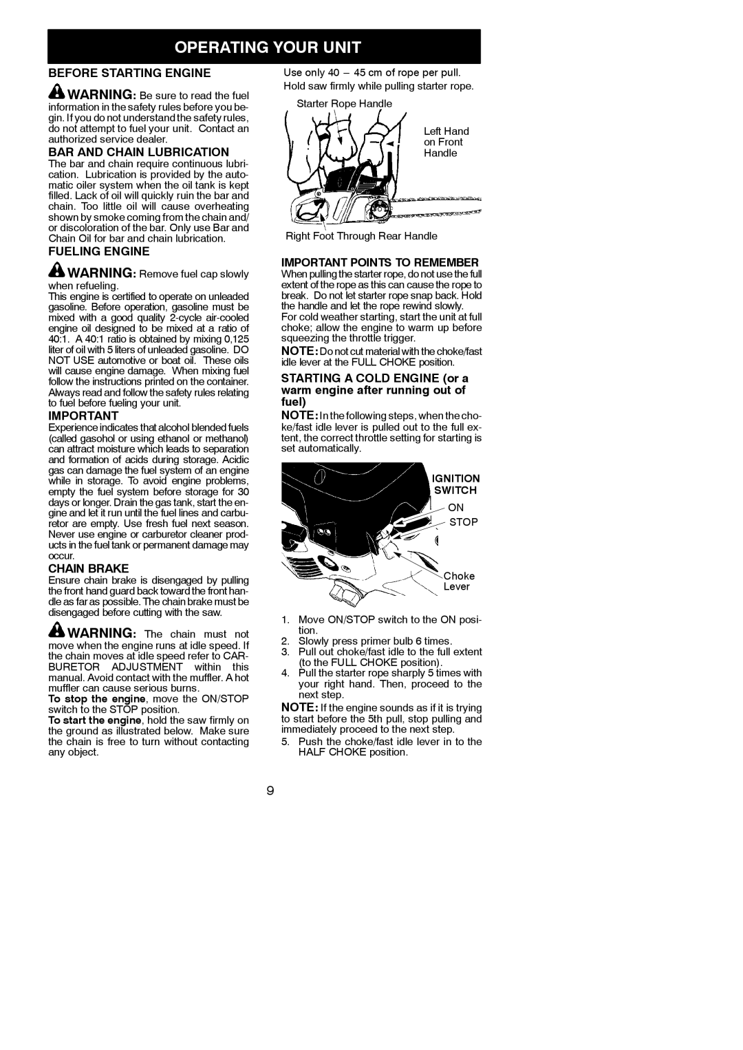 McCulloch Aug-42 Operating Your Unit, Before Starting Engine BAR and Chain Lubrication, Fueling Engine, Chain Brake 