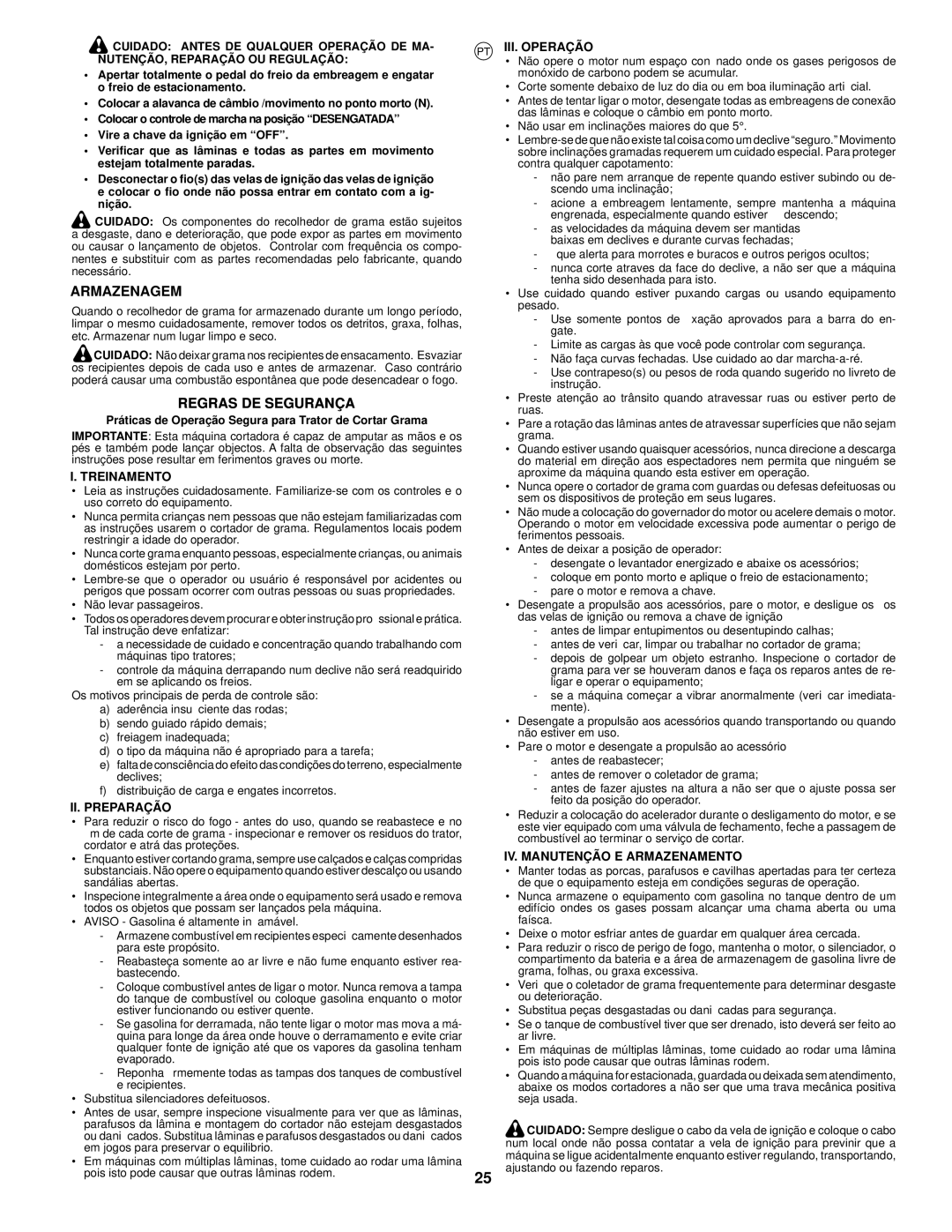 McCulloch 96071001001, CET42 manual Armazenagem, Regras DE Segurança, Treinamento, II. Preparação, III. Operação 