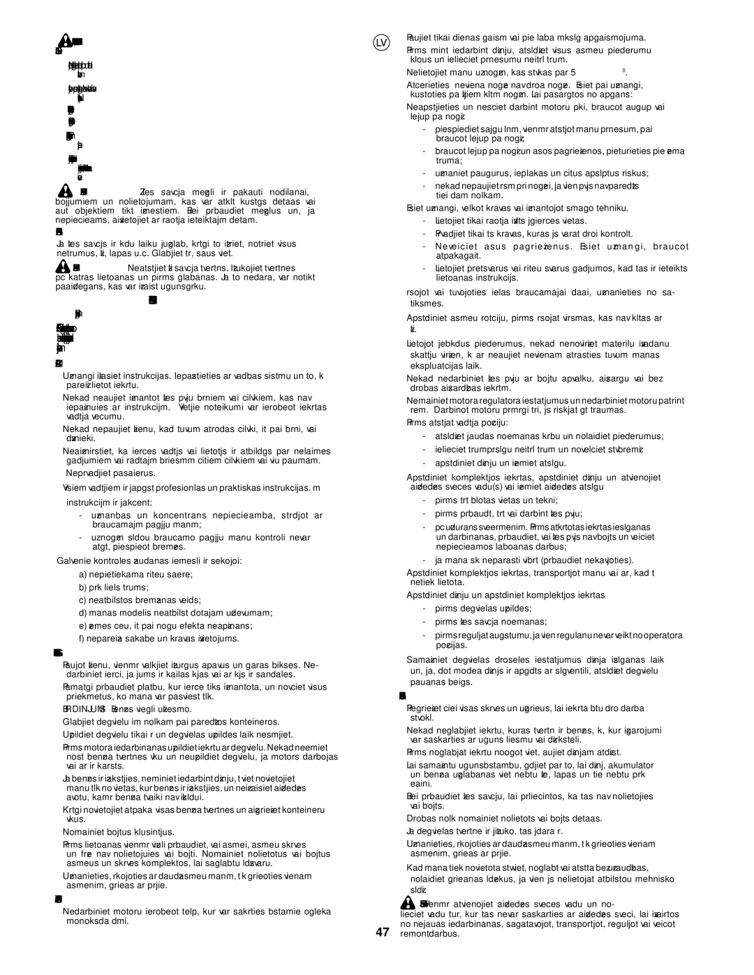 McCulloch 96071001001, CET42 Drošības Noteikumi, Apmācība, II Sagatavošanās, III Ekspluatācija, IV Apkalpe UN Glabāšana 