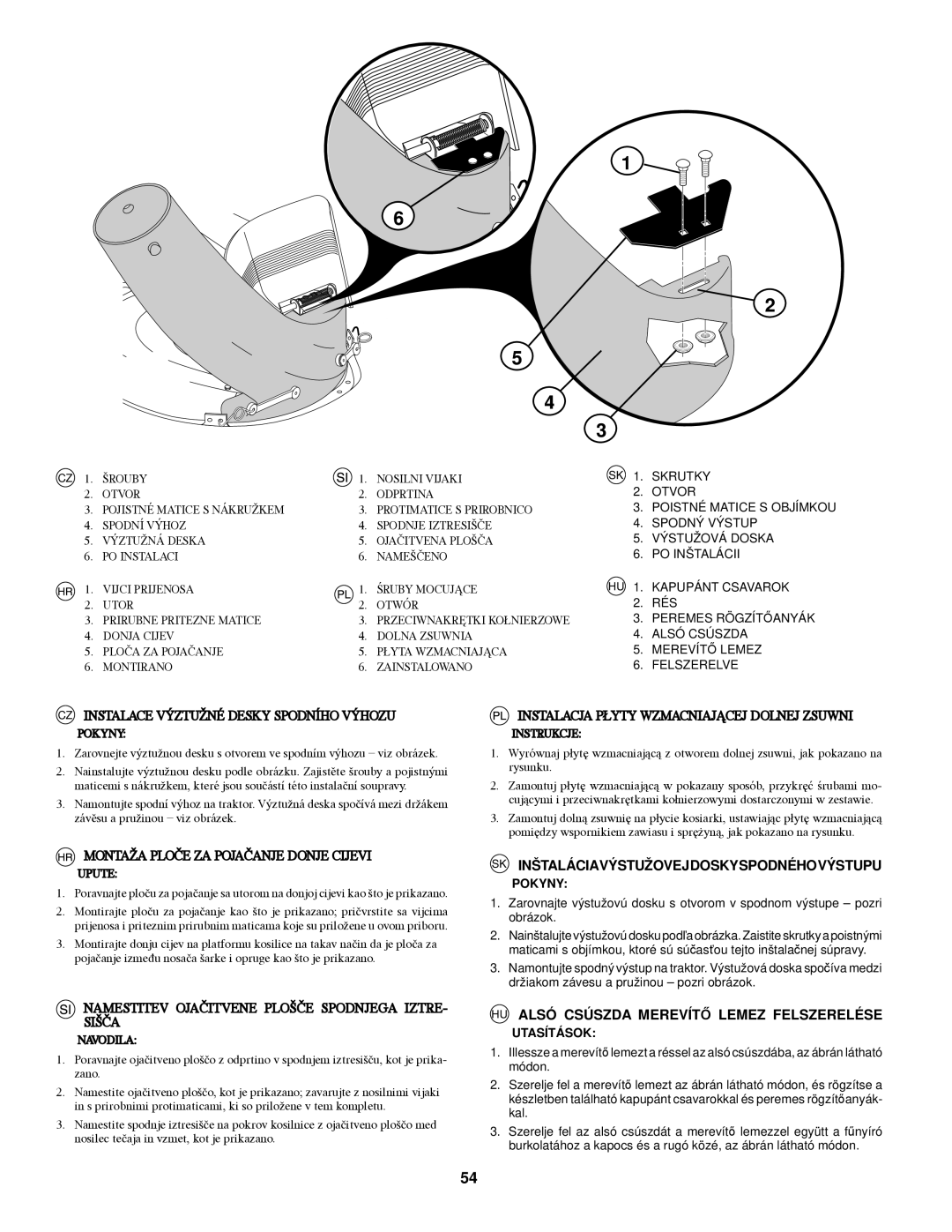 McCulloch CET42 manual CZ Instalace Výztužné Desky Spodního Výhozu, Namestitev Ojačitvene Plošče Spodnjega IZTRE- Sišča 